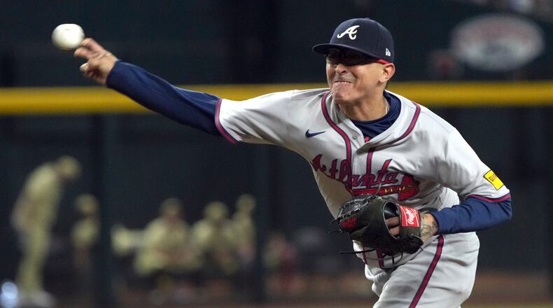 Atlanta Braves pitcher Jesse Chavez throws against the Arizona Diamondbacks in the sixth inning during a baseball game Tuesday, July 9, 2024, in Phoenix. (AP Photo/Rick Scuteri)