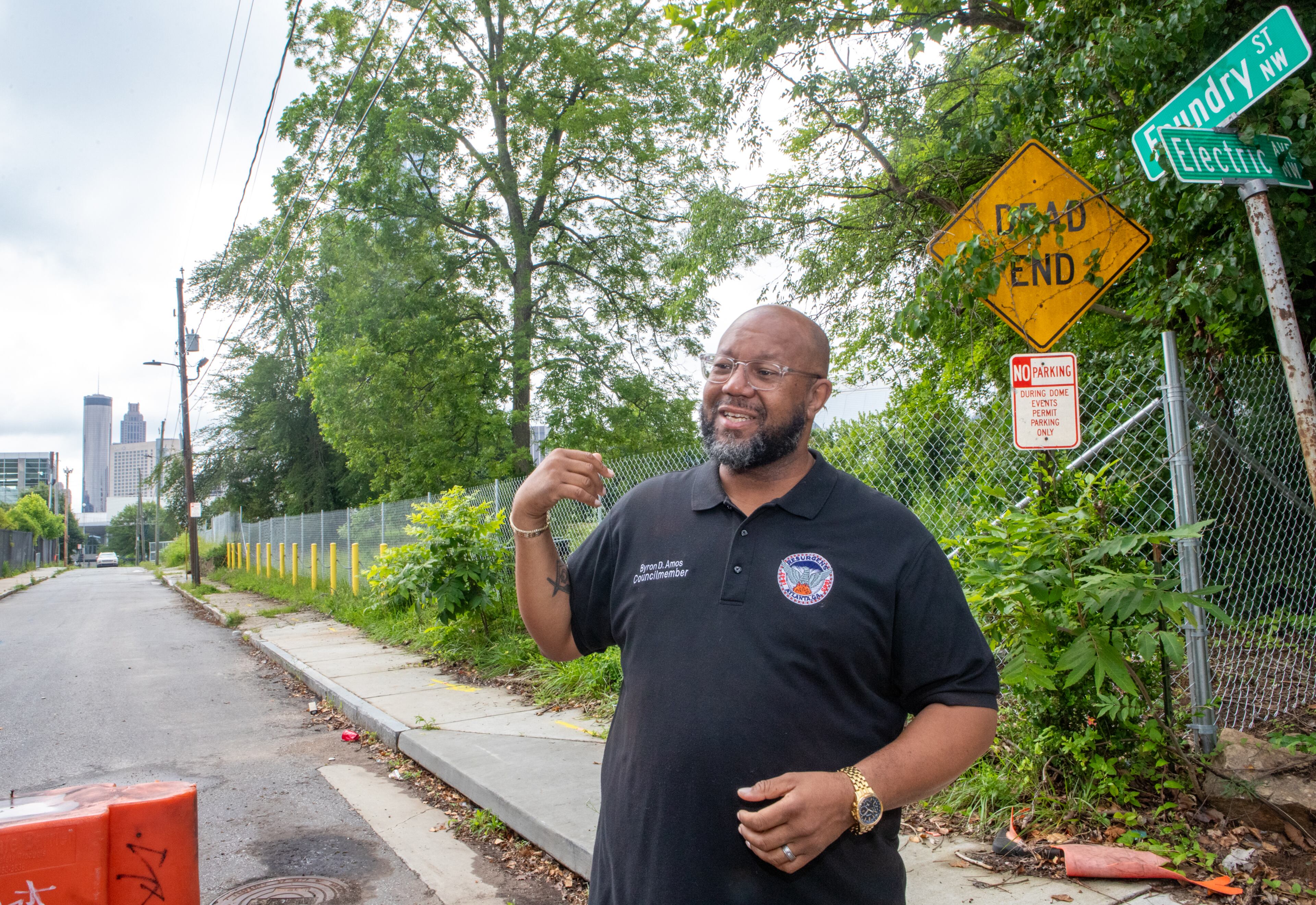 District 3 City Council member Byron Amos is at the intersection of Electric Ave and Foundry Street in Vine City, the site of a proposed Georgia Power substation, unwanted by the community, on May 30, 2025. (Jenni Girtman for The Atlanta Journal-Constitution)