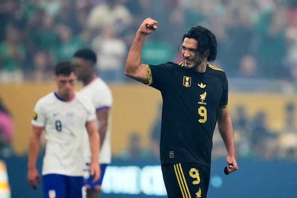 Mexico forward Raúl Jiménez celebrates after scoring in the first half of the CONCACAF Gold Cup final soccer match against the United States in Houston, Sunday, July 6, 2025. (AP Photo/Ashley Landis)