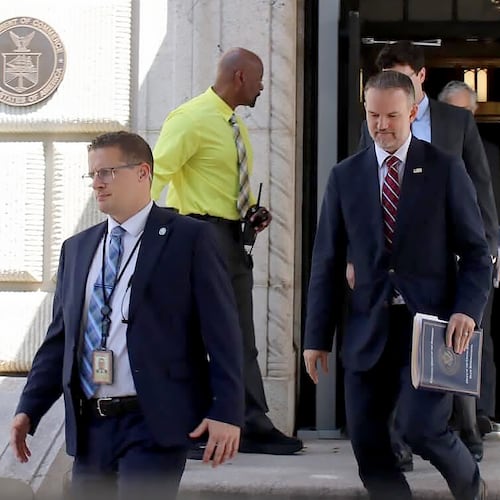 United States Trade Representative Jamieson Greer, center, leaves the U.S. Department of Commerce following a meeting with Canadian officials, in Washington, Monday, Aug. 17, 2026. (Kelly Geraldine Malone/The Canadian Press via AP)