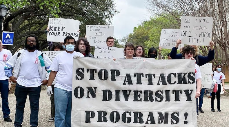People protest after Texas universities and colleges had to scrap diversity, equity and inclusion efforts when a state law banning DEI initiatives on higher-education campuses took effect Jan. 1. (Valeria Olivares/The Dallas Morning News/TNS 2024)