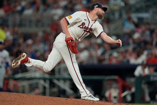 Atlanta Braves pitcher Chris Sale (51) works against the New York Mets in the ninth inning of a baseball game, Wednesday, June 18, 2025, in Atlanta. (AP Photo/Mike Stewart)