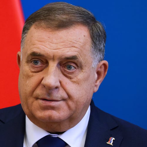 FILE - Bosnian Serb leader serving as the 8th President of the Republika Srpska, Milorad Dodik speaks during a joint press conference with Hungarian Minister of Foreign Affairs and Trade Peter Szijjarto following their meeting in the latter's office in Budapest, Hungary, Sept. 4, 2025. (Robert Hegedus/MTI via AP, FILE)