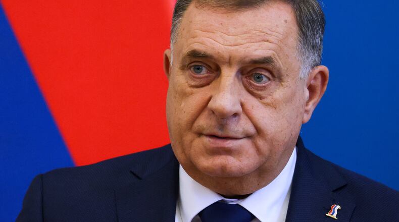 FILE - Bosnian Serb leader serving as the 8th President of the Republika Srpska, Milorad Dodik speaks during a joint press conference with Hungarian Minister of Foreign Affairs and Trade Peter Szijjarto following their meeting in the latter's office in Budapest, Hungary, Sept. 4, 2025. (Robert Hegedus/MTI via AP, FILE)