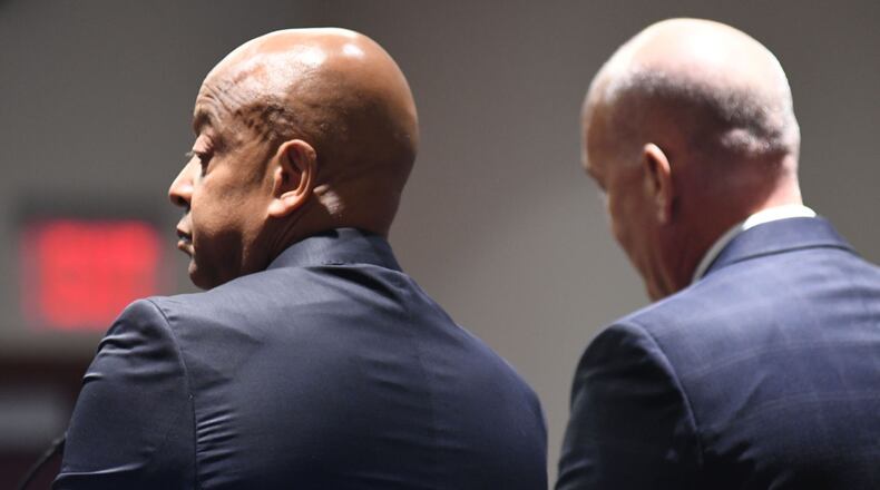 Former DeKalb County Sheriff Jeffrey Mann (left) and his attorney Noah Pines (right) appear in court at the Atlanta Municipal Court in Atlanta on July 27, 2017.