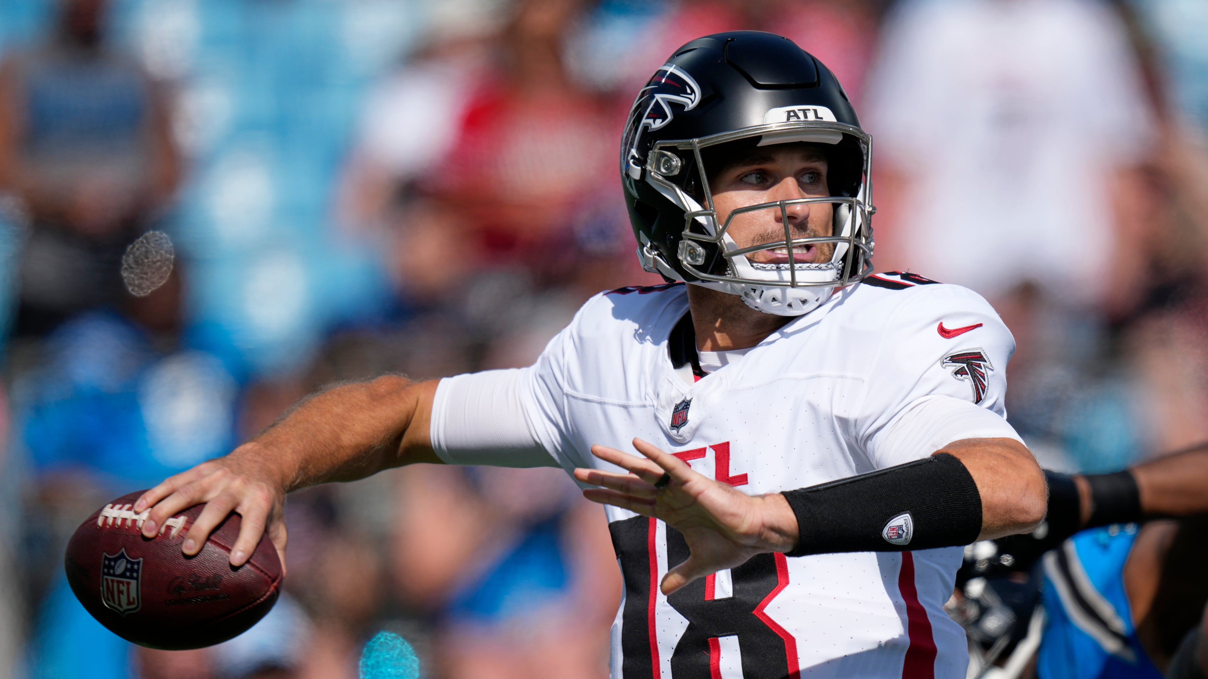 Falcons quarterback Kirk Cousins passes against the Carolina Panthers on Sunday, Sept. 21, 2025, in Charlotte, N.C. ESPN reported Saturday through an unidentified source that Cousins was “highly likely” to start this Sunday’s game. (Jacob Kupferman/AP)