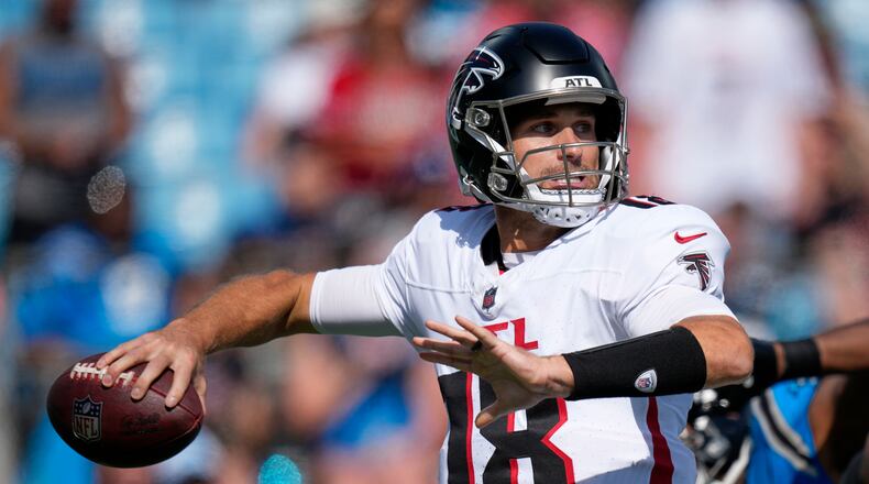 Falcons quarterback Kirk Cousins passes against the Carolina Panthers on Sunday, Sept. 21, 2025, in Charlotte, N.C. ESPN reported Saturday through an unidentified source that Cousins was “highly likely” to start this Sunday’s game. (Jacob Kupferman/AP)