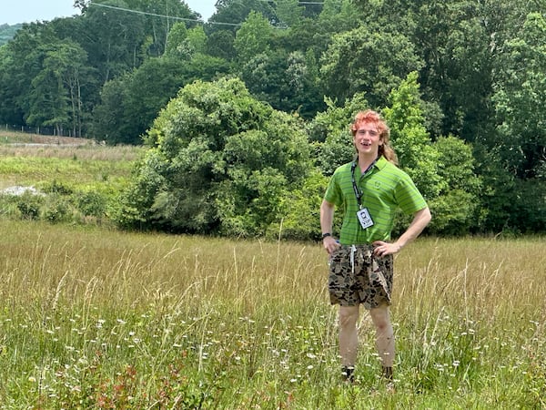 Benjamin Willis, visiting from Lorain, Ohio, poses for a photo during the Trilith Studio Tour Experience on Monday, June 1, 2026, and was thrilled to be in a field that was used in "Avengers: Infinity War," "WandaVision" and "The Walking Dead." (Rodney Ho/AJC)
