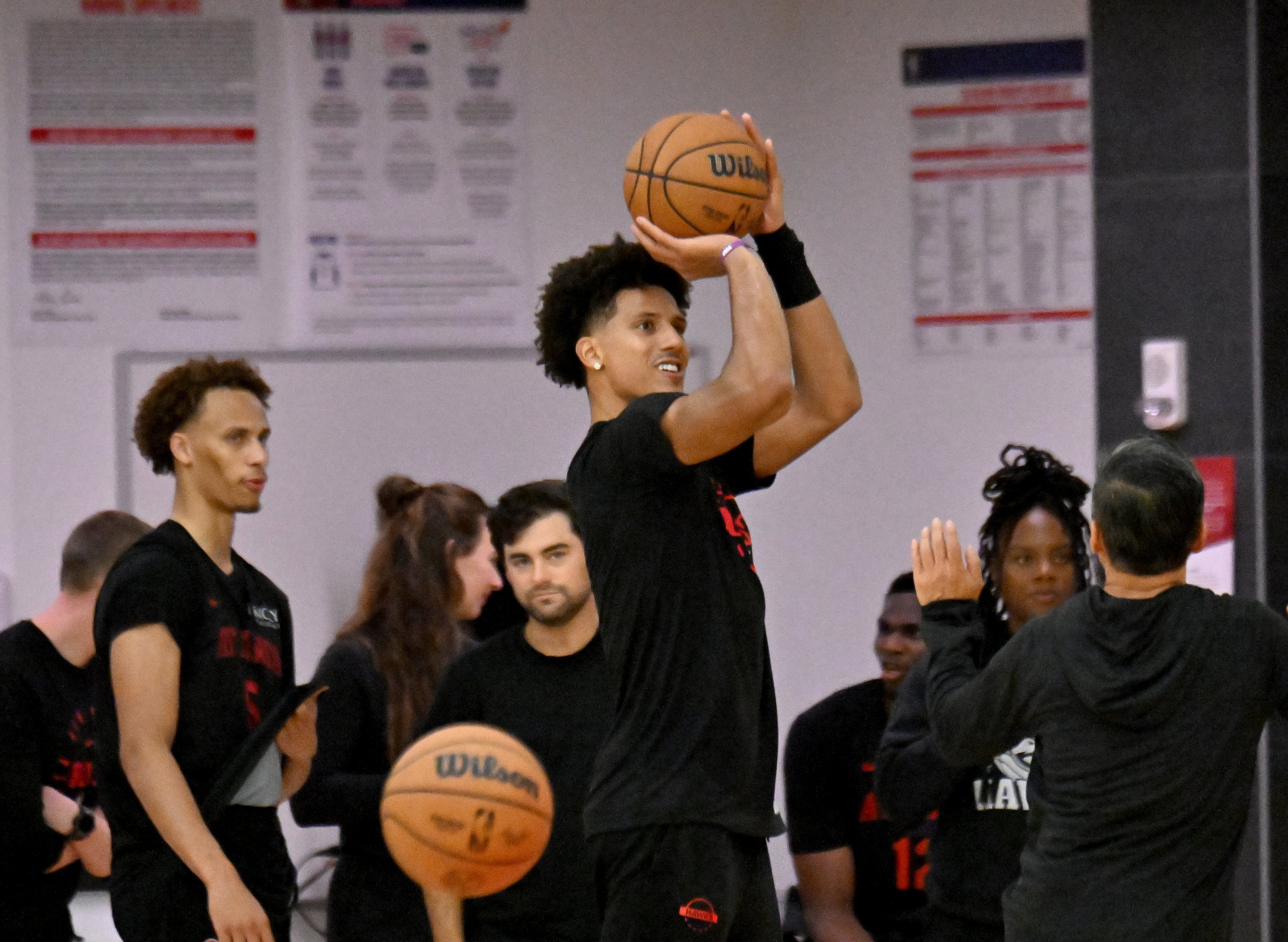 Hawks forward Jalen Johnson takes a shot during the first day of training camp at the Emory Sports Medicine Complex on Tuesday, Sept. 30, 2025, in Brookhaven. (Hyosub Shin/AJC)
