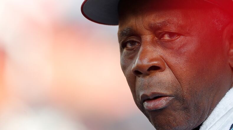 Former Braves outfielder Ralph Garr is shown in the dugout during a spring training baseball game against the Tampa Bay Rays on Sunday, March 24, 2019, in North Port, Fla. (John Bazemore/AP)