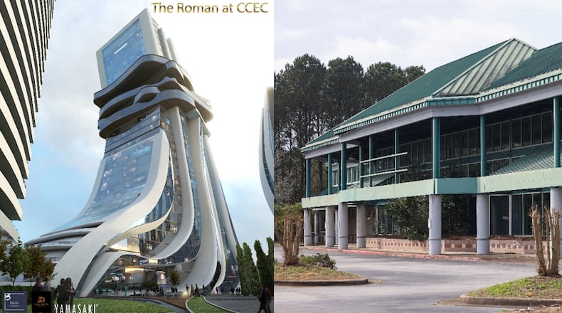 Left is a rendering of one of the buildings proposed for The Roman mixed-use project in Clayton County. Right is a photo of the project site earlier in March, where the existing shuttered grocery store remained standing.