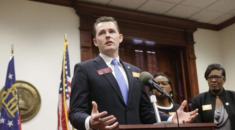 Mar. 21, 2016 - Atlanta - Rep. Taylor Bennett makes his remarks. State Representatives Karla Drenner (D-Avondale Estates), Keisha Waites (D-Atlanta), Taylor Bennett (D - Brookhaven), Dee Dawkins-Haigler (D - Lithonia) and Park Cannon (D-Atlanta) held a press conference opposing the passage of the anti-LGBT House Bill 757 as amended by the Senate. They urged Gov. Deal to veto the bill. BOB ANDRES / BANDRES@AJC.COM
