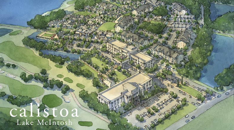 Rendering of Calistoa Lake McIntosh, a proposed 37-acre mixed use development for Peachtree City.
