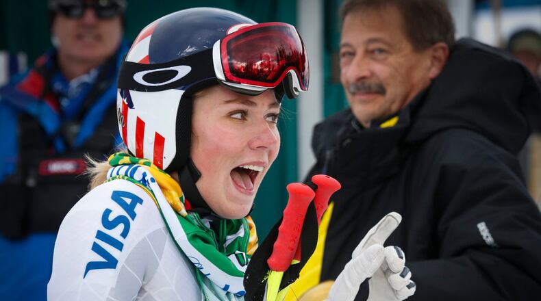 Mikaela Shiffrin, of the United States, reacts in the finish area following her run at the women's World Cup super-G skiing event in Lake Louise, Alberta, Sunday, Dec. 6, 2015. (Jeff McIntosh/The Canadian Press via AP) MANDATORY CREDIT