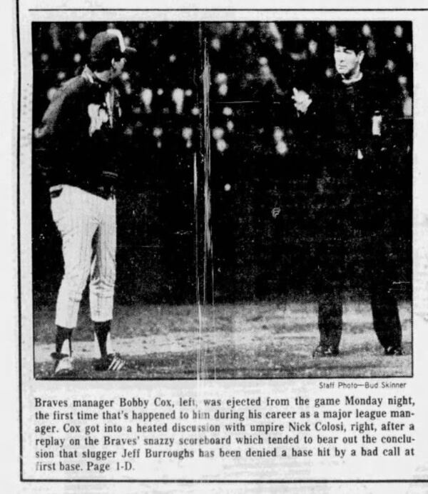 The May 2, 1978, edition of The Atlanta Journal documented an argument between Braves manager Bobby Cox and umpire Nick Colosi over the Braves' replaying a close call on the stadium's "snazzy" scoreboard. It earned Cox an ejection, the first of a record 162. (newspapers.com)