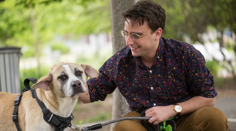 Rudy, a dog from LifeLine Animal Project in Fulton County, who has his own instagram, @rudy_adoptme, was in at least five homes before coming to stay with Leach. (Jenni Girtman for Atlanta Journal-Constitution)