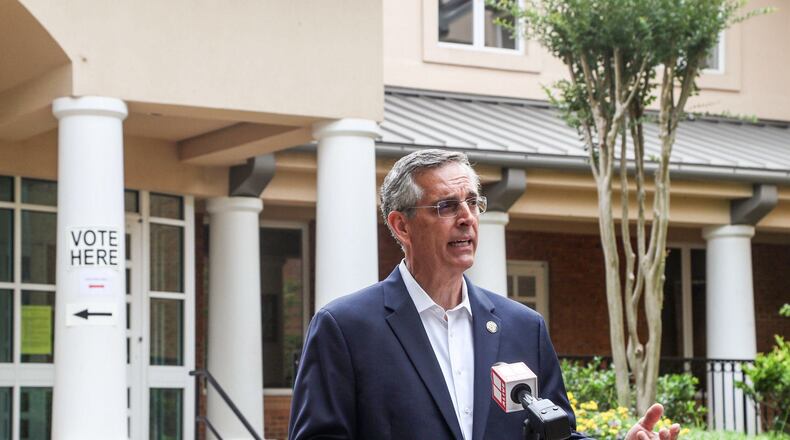Brad Raffensperger, Georgia Secretary of State, speaks during an interview with NBC affiliate Channel 11 outside of the Smyrna Community Center.