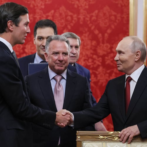 President Vladimir Putin, right, greets U.S. President Donald Trump's envoys Jared Kushner, left, and Steve Witkoff, center, prior to talks at the Senate Palace of the Kremlin in Moscow, on Saturday, Sept. 5, 2026. (Mikhail Metzel/Sputnik/Kremlin Pool Photo via AP)