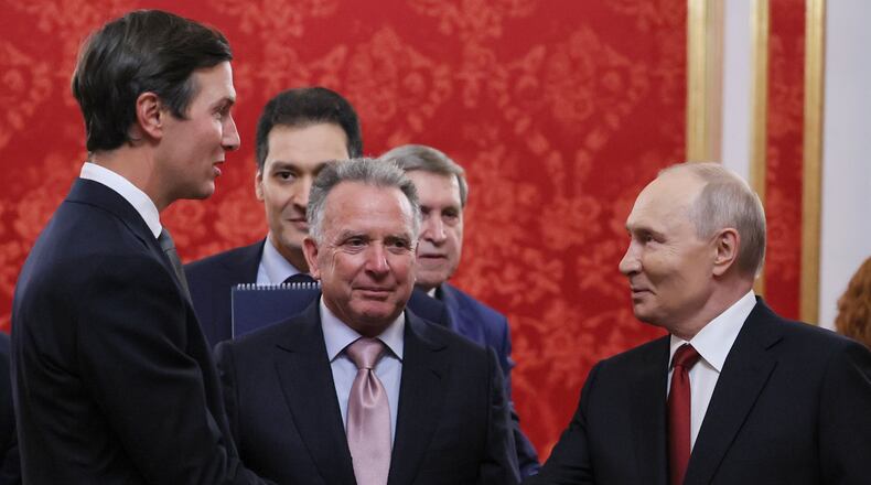 President Vladimir Putin, right, greets U.S. President Donald Trump's envoys Jared Kushner, left, and Steve Witkoff, center, prior to talks at the Senate Palace of the Kremlin in Moscow, on Saturday, Sept. 5, 2026. (Mikhail Metzel/Sputnik/Kremlin Pool Photo via AP)