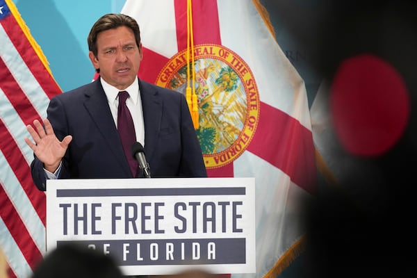 FILE - Florida Gov. Ron DeSantis speaks during a public event where he announced he would sign a bill banning the use of fluoride in public water systems, Tuesday, May 6, 2025, in Miami. (AP Photo/Lynne Sladky, file)