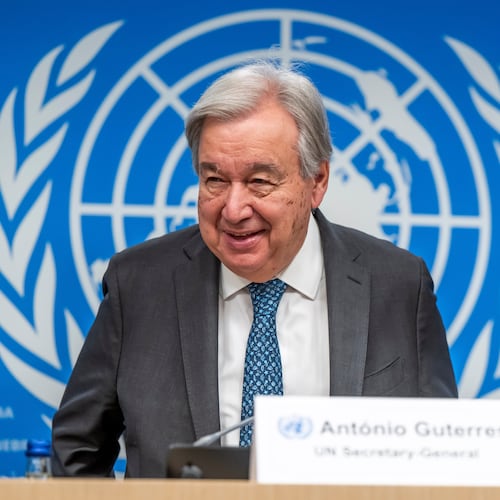 U.N. Secretary-General Antonio Guterres, speaks, during a press conference about the Sevilla Forum on Debt launched at UNCTAD16 to tackle the entrenched debt crisis in developing countries at the European headquarters of the United Nations, in Geneva, Switzerland, Wednesday, Oct. 22, 2025. (Martial Trezzini/Keystone via AP)