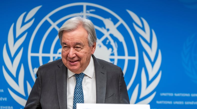U.N. Secretary-General Antonio Guterres, speaks, during a press conference about the Sevilla Forum on Debt launched at UNCTAD16 to tackle the entrenched debt crisis in developing countries at the European headquarters of the United Nations, in Geneva, Switzerland, Wednesday, Oct. 22, 2025. (Martial Trezzini/Keystone via AP)