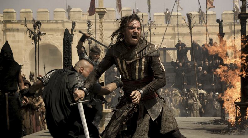 Michael Fassbender stars as Callum Lynch in a scene from “Assassin’s Creed.” (Kerry Brown/20th Century Fox via AP)