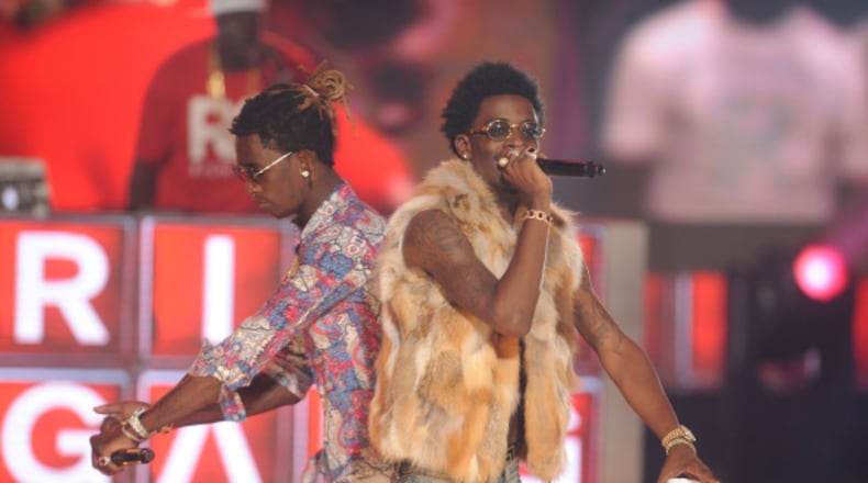 Rappers Young Thug (left) and Rich Homie Quan perform onstage during the BET Hip Hop Awards 2014 at Boisfeuillet Jones Atlanta Civic Center on September 20, 2014 in Atlanta. (Brad Barket/Getty Images for BET)