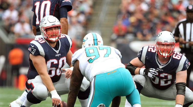Patriots center David Andrews, left, and guard Joe Thuney helped form a solid middle of the offensive line but both are free agents this offseason.