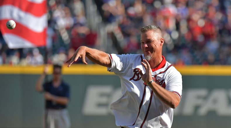 Former Atlanta Braves third baseman Chipper Jones throws out the ceremonial pitch before their game against the St. Louis Cardinals in Game 1 of the best-of-five National League Division Series at SunTrust Park on Thursday, October 3, 2019. (Hyosub Shin / Hyosub.Shin@ajc.com)
