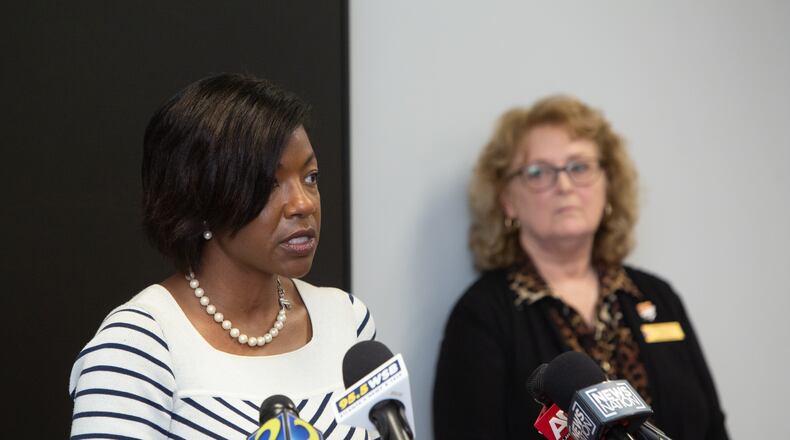 At the Cobb County Elections and Voter Registration office, Cobb County Board of Elections Chair Tori Silas, left, and Cobb County Elections Director Janine Eveler, right, hold a press conference Monday, Nov 7, 2022 to address absentee ballots that were requested but never mailed.  (Jenni Girtman for The Atlanta Journal-Constitution)