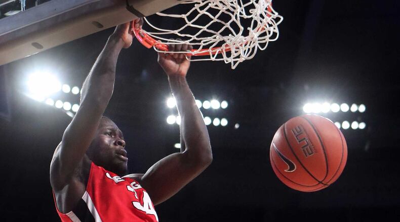 Georgia forward Derek Ogbeide dunks on Georgia Tech in this 2016 photo. The Nigerian and Pebblebrook product is slated to be a starter for the Bulldogs again this season.