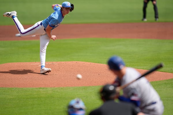 Owen Murphy, who had some tough luck in his three outings with the Braves this summer, watches the ball right before Rangers designated hitter Joc Pederson hits a solo home run on Saturday, July 18, 2026, in Atlanta. (Mike Stewart/AP)