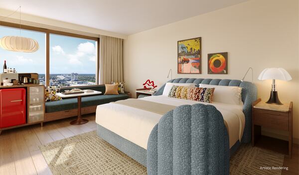 This rendering shows a room in the 261-room hotel that Virgin Hotels is expected to open next year in Centennial Yards. (Courtesy of Centennial Yards)