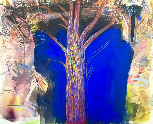 "Three Deer, a Tree and Some Blue" by Jennifer Coates is on view at Marcia Wood Gallery.