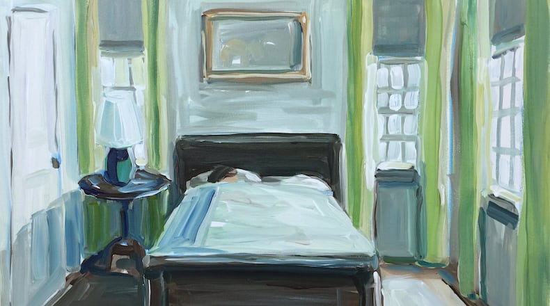 “Mom in Bed” in acrylic on canvas by Atlanta artist Tori Tinsley is featured in a solo show “Locating Barbara” at Eyedrum Art and Music Gallery.