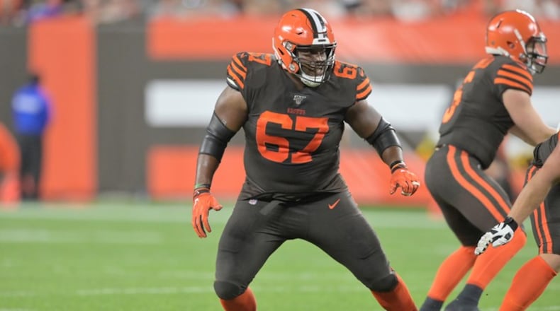 Cleveland Browns guard Justin McCray (67) lines up during a game against the Los Angeles Rams at FirstEnergy Stadium in Cleveland on Sunday, September 22, 2019.
David Richard/AP