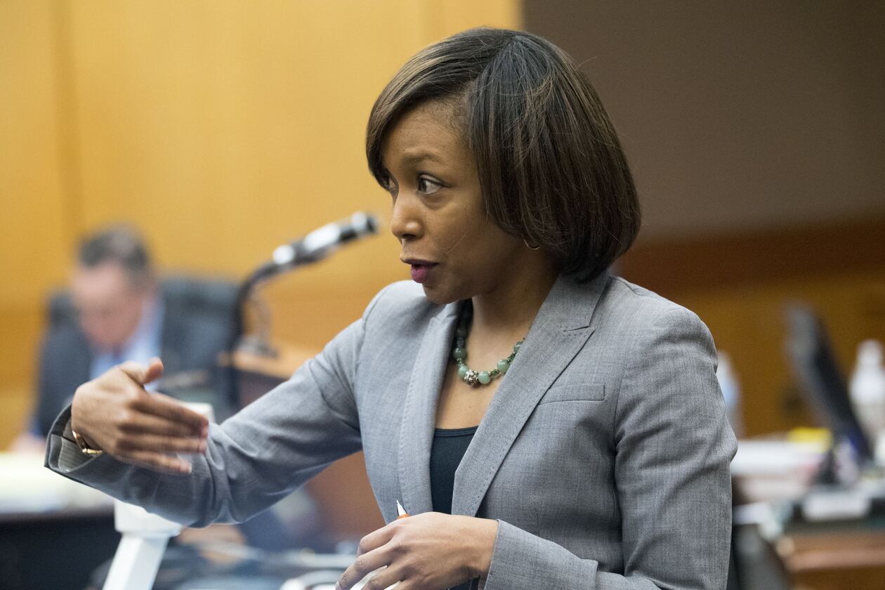 Fulton County Senior Assistant District Attorney Seleta Griffin examines a witness during the third day of trial for Tex McIver on Thursday. Griffin presented the prosecution’s opening statement earlier in the week. ALYSSA POINTER/ALYSSA.POINTER@AJC.COM