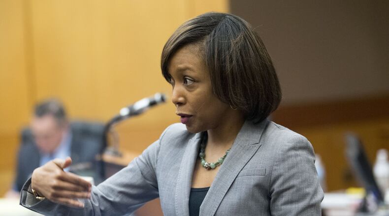 Fulton County Senior Assistant District Attorney Seleta Griffin examines a witness during the third day of trial for Tex McIver on Thursday. Griffin presented the prosecution’s opening statement earlier in the week. ALYSSA POINTER/ALYSSA.POINTER@AJC.COM