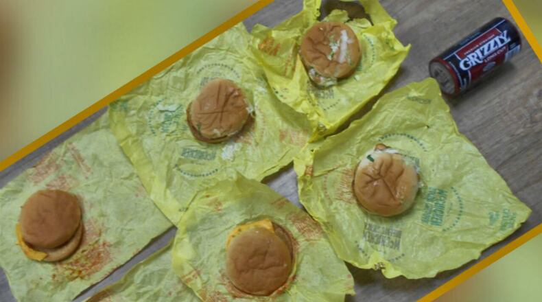 A daily inspection of the Clay County jail turned up a stash of McDonald's hamburgers, McChickens and chewing tobacco hidden inside a trash can, the Clay County Sheriff's Office said Thursday. (Photo: Clay County Sheriff's Office)