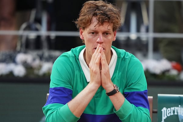 Second placed Italy's Jannik Sinner reacts after the final match of the French Tennis Open against Spain's Carlos Alcaraz at the Roland-Garros stadium in Paris, Sunday, June 8, 2025. (AP Photo/Lindsey Wasson)