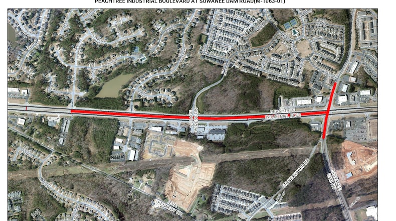 Gwinnett Commissioners recently awarded two road improvement projects in northwest Gwinnett. This one will add a southbound through lane along Peachtree Industrial from Suwanee Dam to Grand Teton Parkway. (Courtesy Gwinnett County)