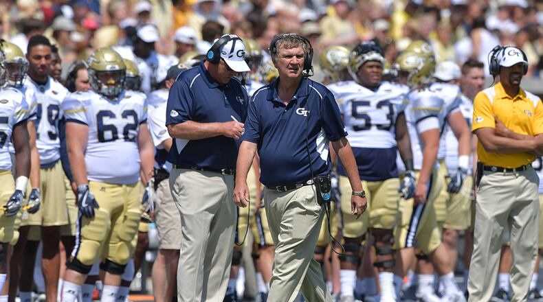 September 9, 2017 Atlanta - Georgia Tech head coach Paul Johnson watches from the sideline in the first half of the Georgia Tech home opener at Bobby Dodd Stadium on Saturday, September 9, 2017. HYOSUB SHIN / HSHIN@AJC.COM