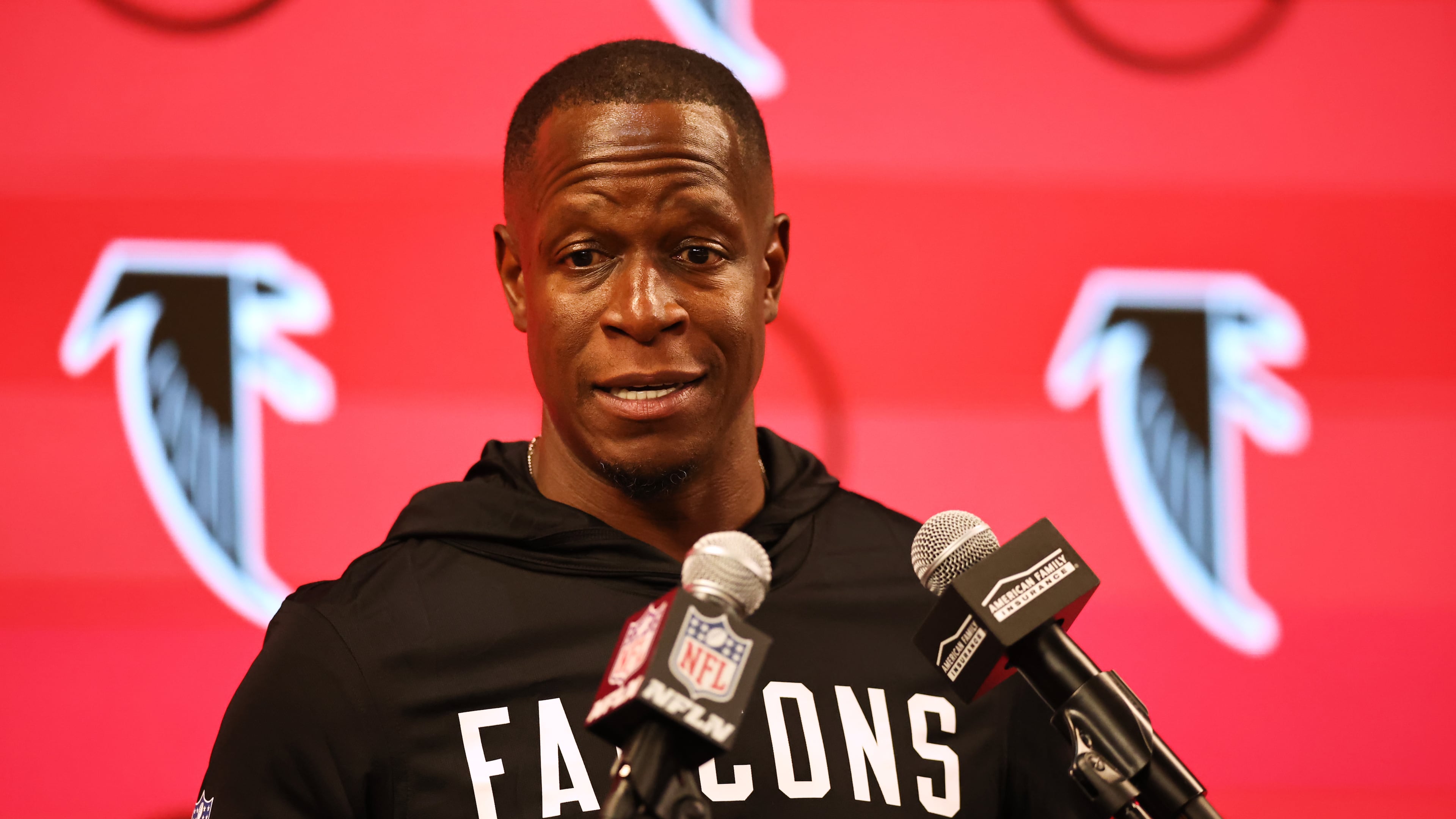 Atlanta Falcons head coach Raheem Morris answers questions after the NFL football game against the Buffalo Bills, Monday, Oct. 13, 2025, in Atlanta. (Colin Hubbard/AP)