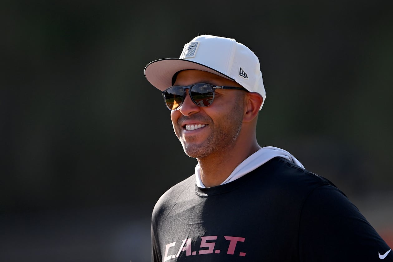 Falcons general manager Ian Cunningham — pictured during training camp Saturday, Aug. 8, 2026 — swung a deal Sunday to acquire defensive tackle Gervon Dexter Sr. from the Bears. Cunningham helped draft Dexter when he was Chicago's assistant general manager. (Hyosub Shin/AJC)