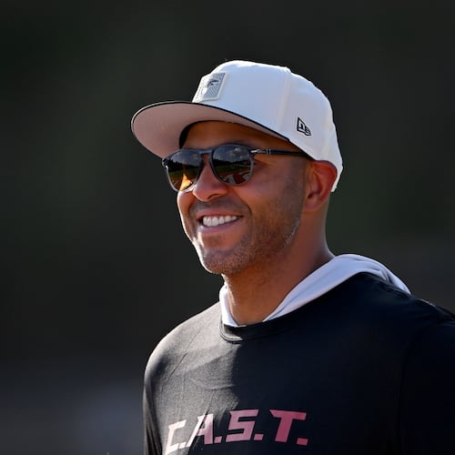 Falcons general manager Ian Cunningham — pictured during training camp Saturday, Aug. 8, 2026 — swung a deal Sunday to acquire defensive tackle Gervon Dexter Sr. from the Bears. Cunningham helped draft Dexter when he was Chicago's assistant general manager. (Hyosub Shin/AJC)