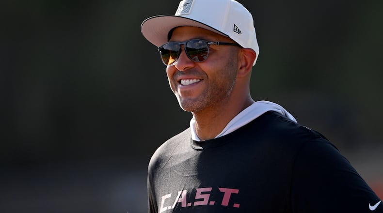 Falcons general manager Ian Cunningham — pictured during training camp Saturday, Aug. 8, 2026 — swung a deal Sunday to acquire defensive tackle Gervon Dexter Sr. from the Bears. Cunningham helped draft Dexter when he was Chicago's assistant general manager. (Hyosub Shin/AJC)