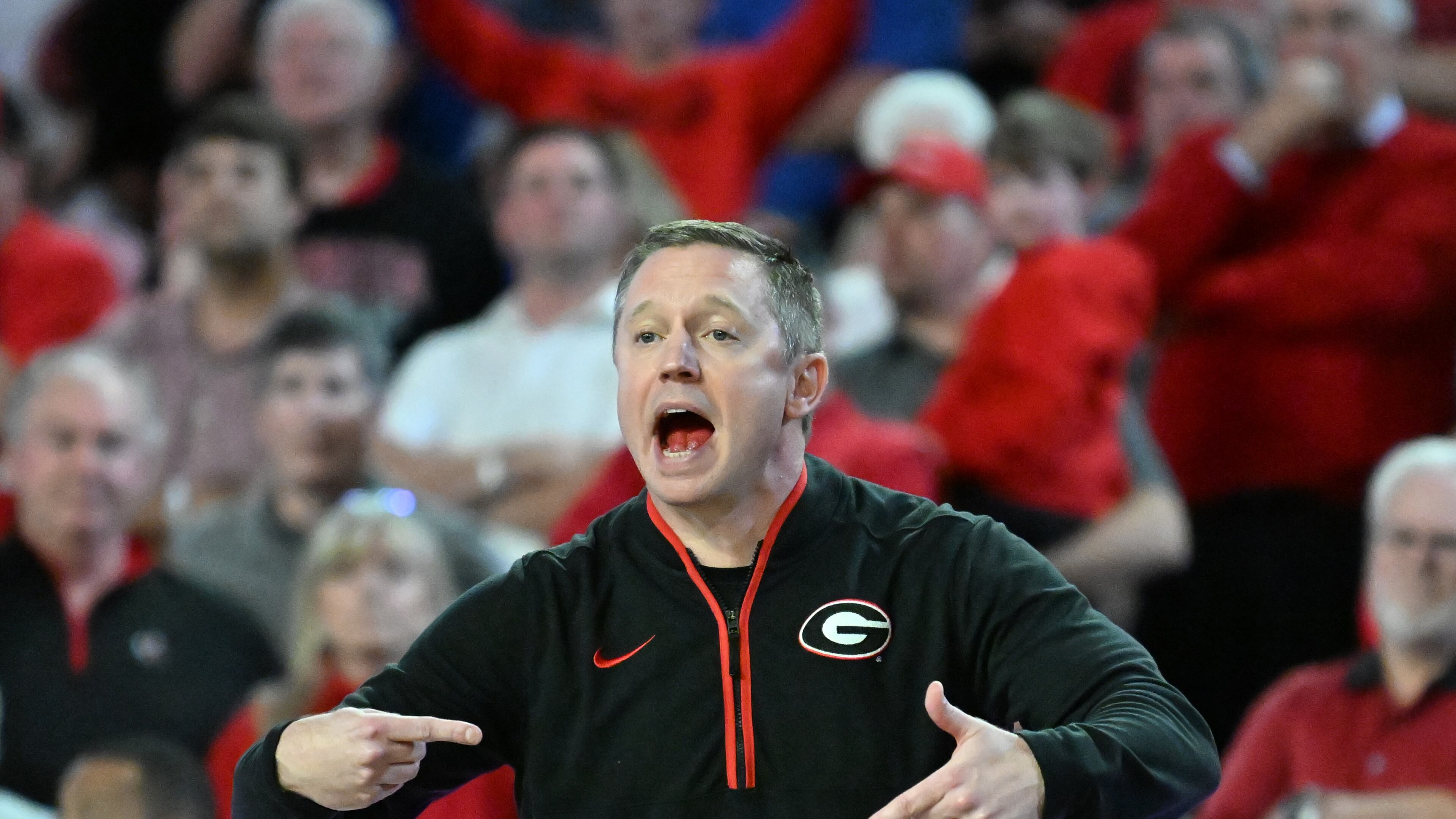 Georgia head coach Mike White shouts instructions at the end of the second half of an NCAA college basketball game at Stegeman Coliseum, Tuesday, Feb. 25, 2025, in Athens. (Hyosub Shin/AJC)
