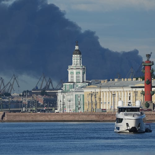A plume of black smoke is seen over the port of St. Petersburg, Russia, Wednesday, June 3, 2026, after a Ukrainian drone attack. (AP Photo)