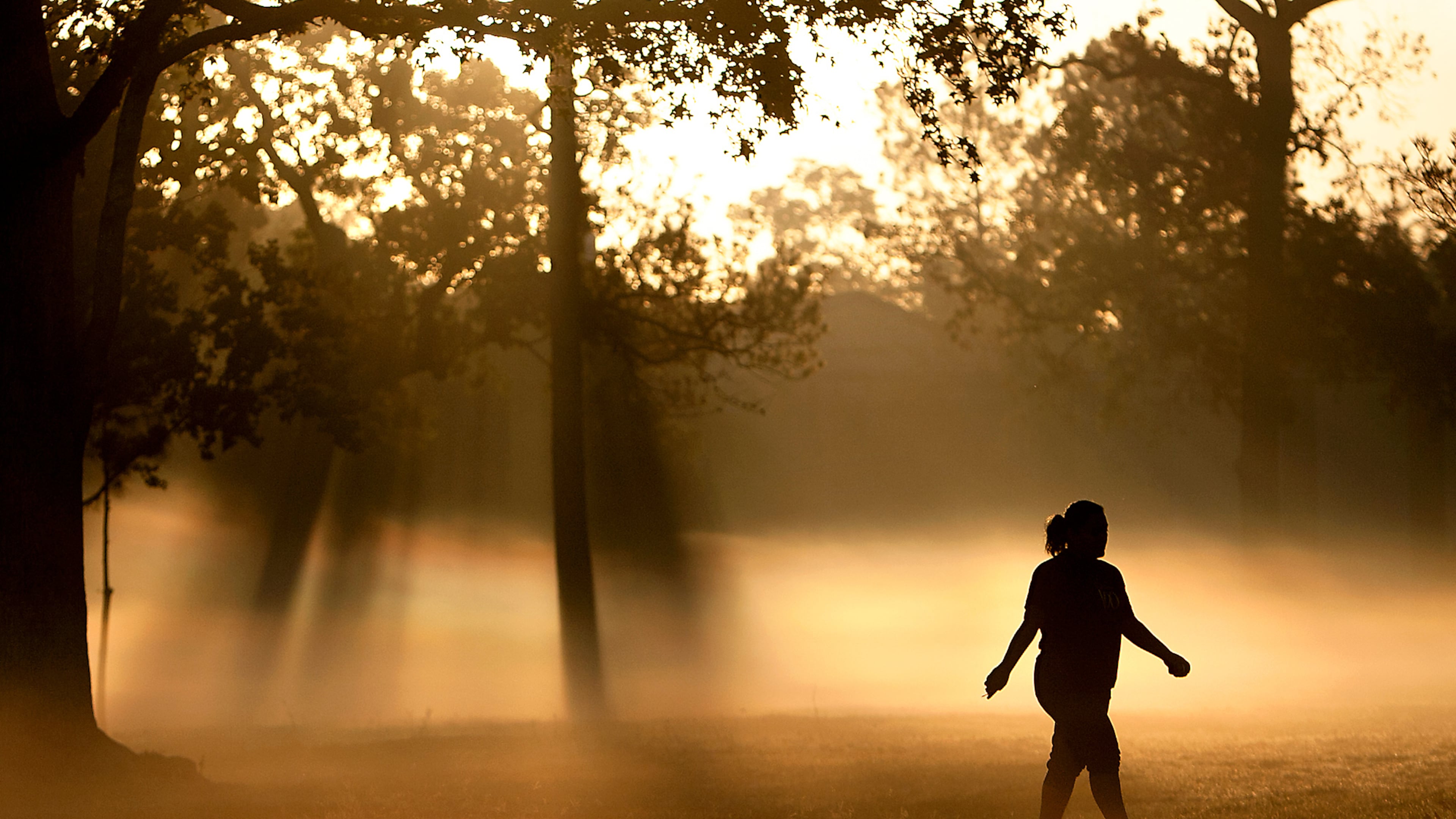 FILE - A woman walks down a trail as fog looms at Montie Beach Park in Houston, on Monday, Oct. 17, 2011. (Cody Duty/Houston Chronicle via AP, File)